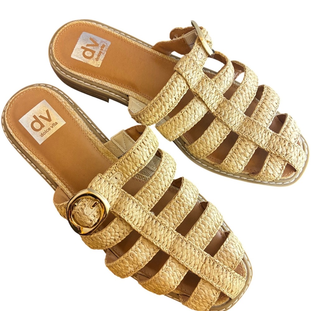 DV by Dolce Vita Woven Straw Look Slide Sandals in Natural Tan